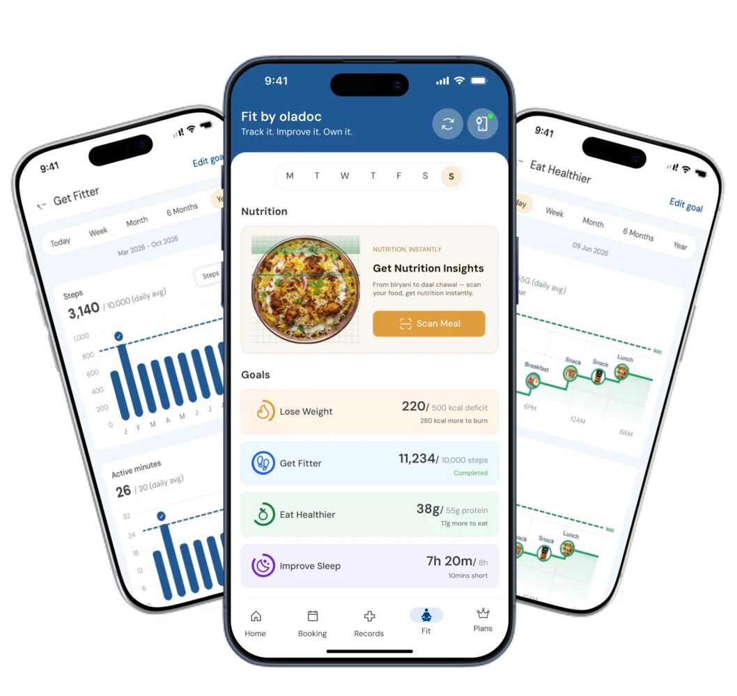 Fit by oladoc app screens showing nutrition insights, daily goals and activity tracking